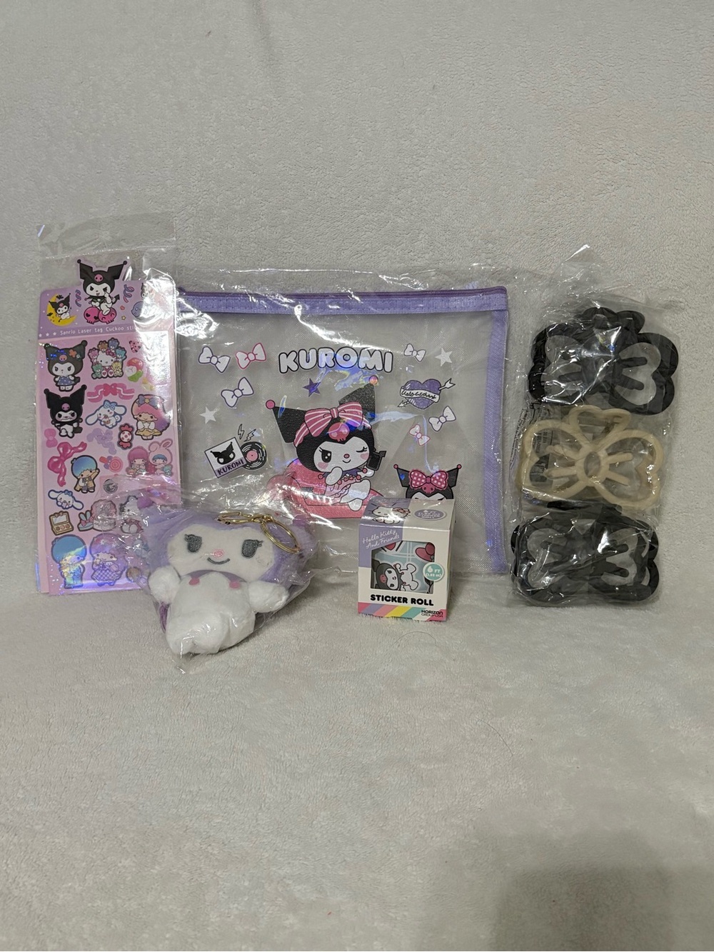 Kuromi Bundle #1Z - Pouch, Hairclips, Stickers, Plush Keyring Clip